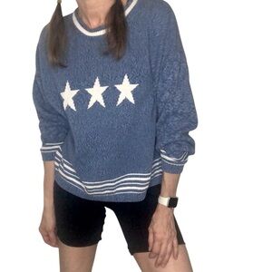 Vtg Y2K Christopher Banks Knit Sweater Sz L Blue White Star Beachy Casual Sporty